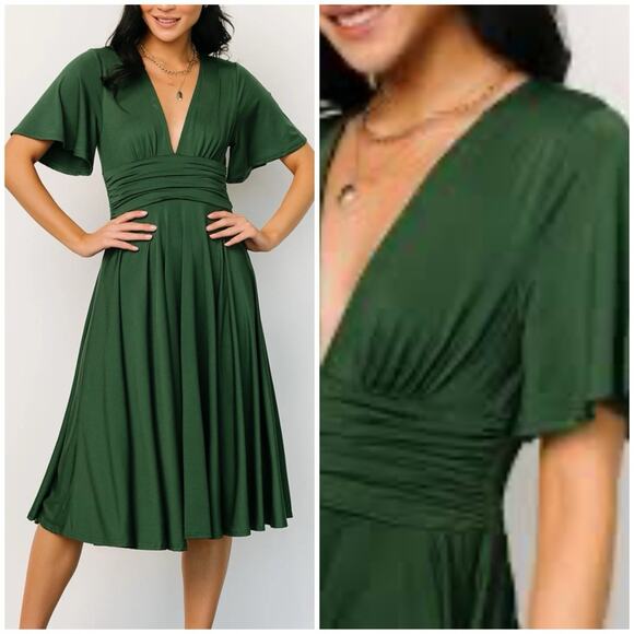 NWT Baltic born Green Midi Dress Deep V Neck Flutter Sleeve Flowy Skirt Plus 2X - Picture 2 of 15